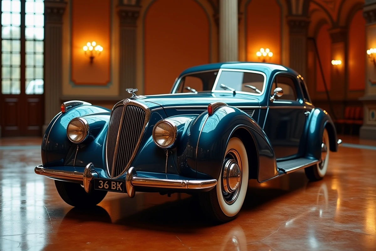 Talbot-Lago T150-C SS Teardrop bleu irisé avec sa carrosserie Art Déco dans un pavillon Belle Époque parisien