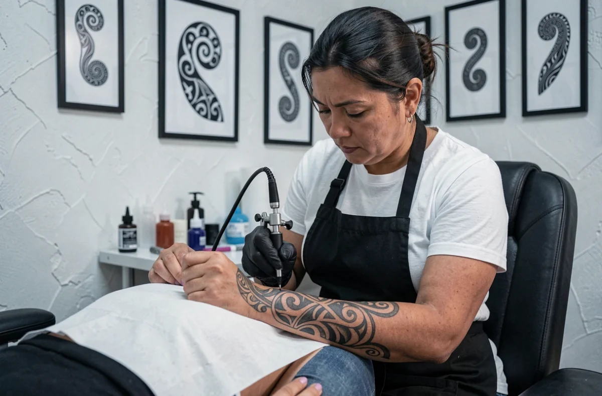 Tatoueuse maorie appliquant un tatouage traditionnel sur le bras d'un client dans un studio de tatouage professionnel