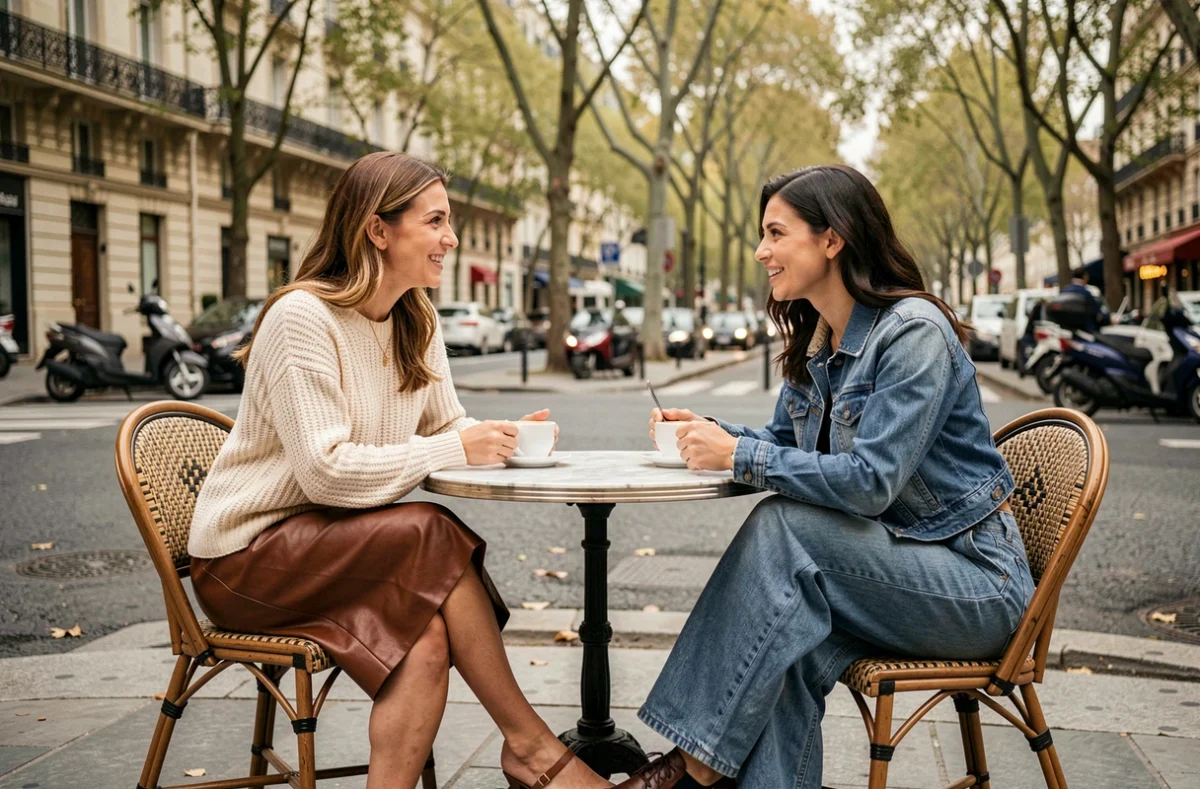 Deux femmes stylées en jupe cuir midi et co-ord denim attablées à une terrasse de café parisienne, illustrant les tendances mode automne-hiver de la saison
