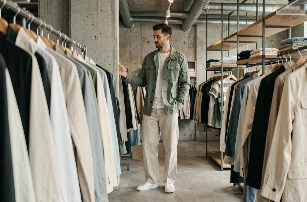 Homme tendance en veste utilitaire verte et pantalon large écru dans un concept store moderne au décor industriel, reflet des nouvelles tendances mode masculines