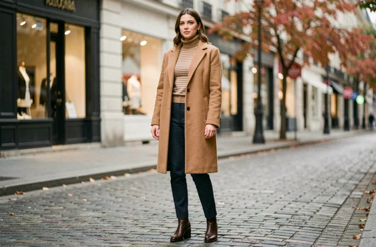Femme élégante portant un manteau camel oversize et un col roulé rayé dans une rue pavée parisienne en automne, illustrant les tendances mode de la saison