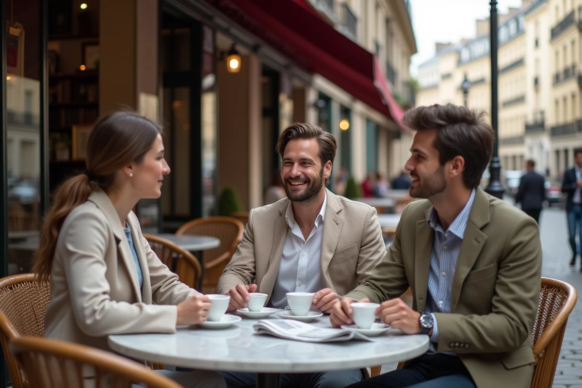 Groupe de jeunes professionnels en terrasse de café parisien lisant les actualités et discutant des tendances