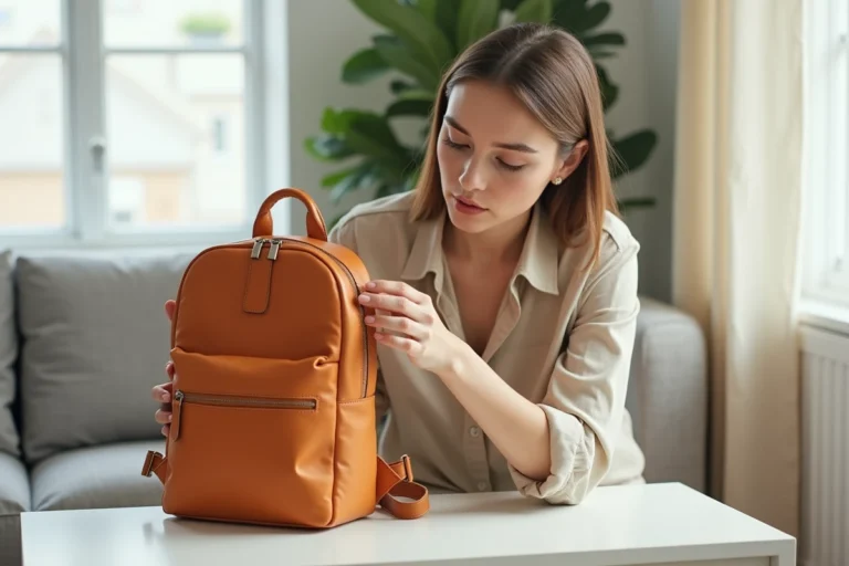 Femme inspectant de près un sac Cabaia coloré pour vérifier son authenticité à la maison