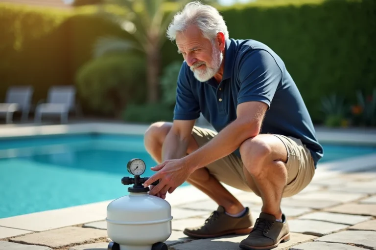 Homme vérifiant la pression d'un filtre à sable de piscine dans un jardin résidentiel