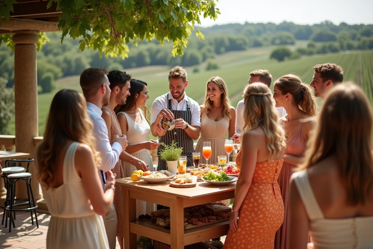 Vin d'honneur animé lors d'un mariage en terrasse avec un barman réalisant un cocktail devant des invités enthousiastes, un quatuor à cordes et une planche de charcuterie en arrière-plan