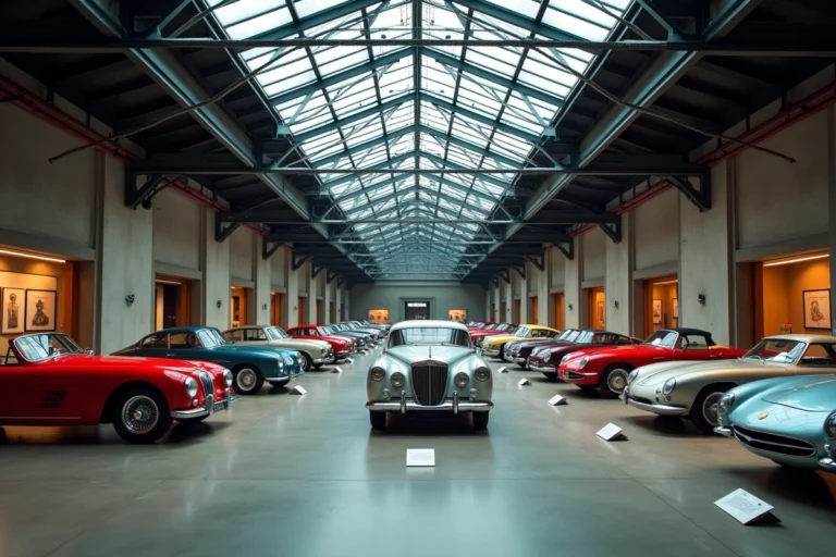 Vue panoramique d'un musée automobile présentant une collection de voitures rares et d'exception à travers les époques