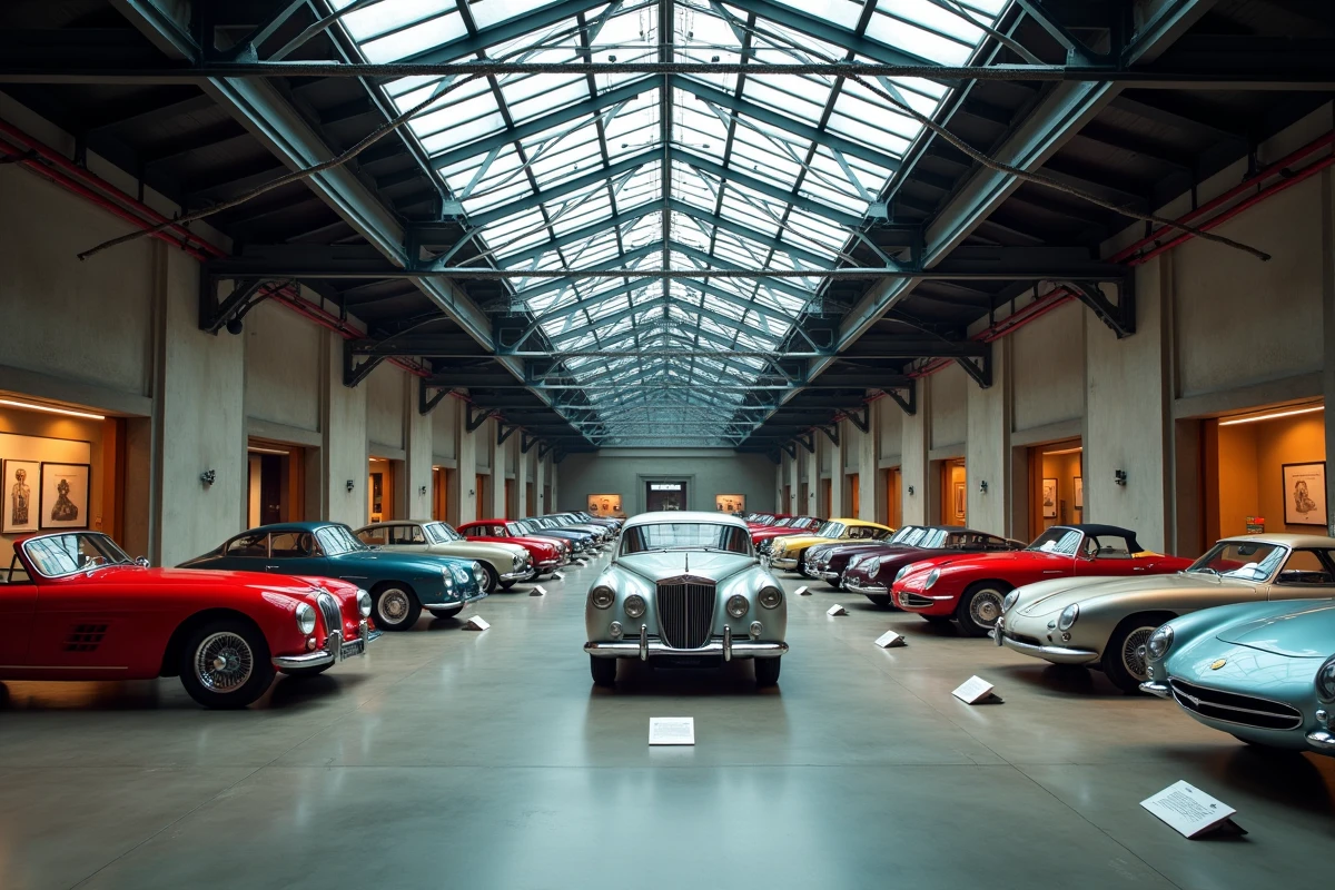 Vue panoramique d'un musée automobile présentant une collection de voitures rares et d'exception à travers les époques