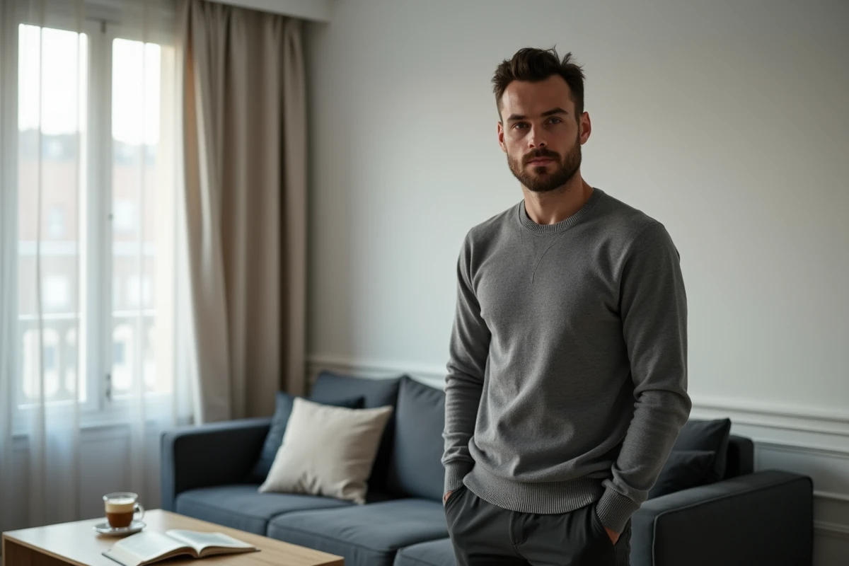 Yoann Usai en pull gris dans un appartement parisien moderne, regard pensif et naturel, atmosphère intime et éditoriale