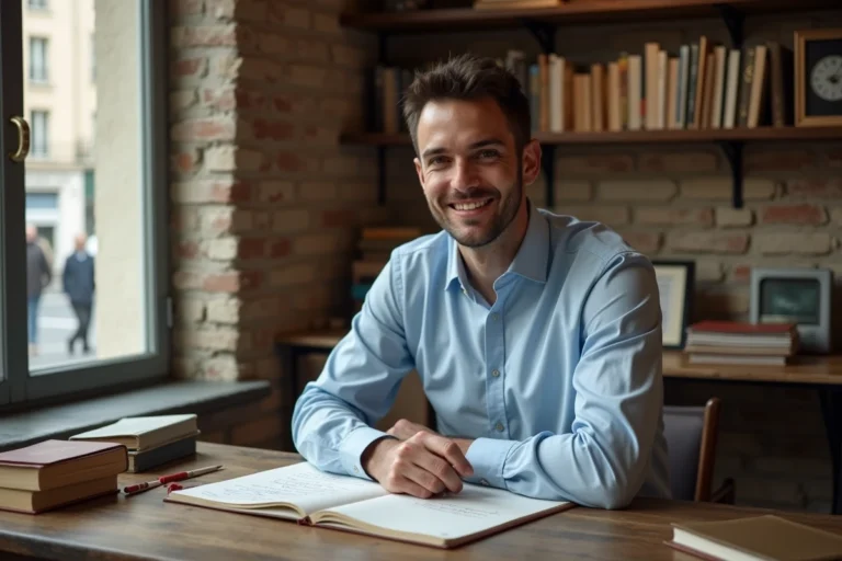 Portrait de Yoann Usai dans son bureau parisien, assis à un bureau en bois avec des notes manuscrites, souriant naturellement vers l'objectif